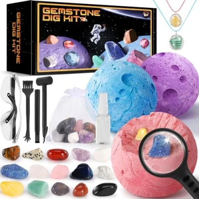Image of Perbabe Gemstone Dig Kit, Making Necklace Science Kits Up Real Gems and Crystals STEM Geology Educational Excavation Kit for Kids Age 6+ Space Toys Gift with Gems, &amp; Rocks, Spray Bottle