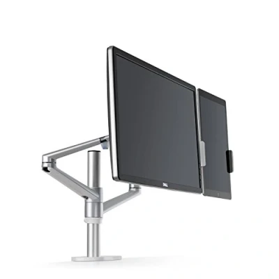 Image of ThingyClub® Adjustable Aluminium Universal Tablet &amp; Monitor Desk Mount Dual Arms Stand Bracket with Tilt and Swivel (Tablet Monitor, Silver)