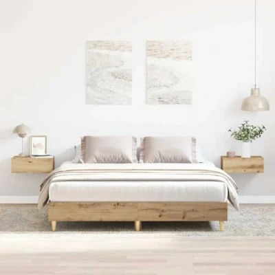 Image of vidaXL Bed Frame Artisan Oak Double Bed, 140x200 cm, Engineered Wood, Modern Bedroom Furniture, Sturdy Eucalyptus Legs