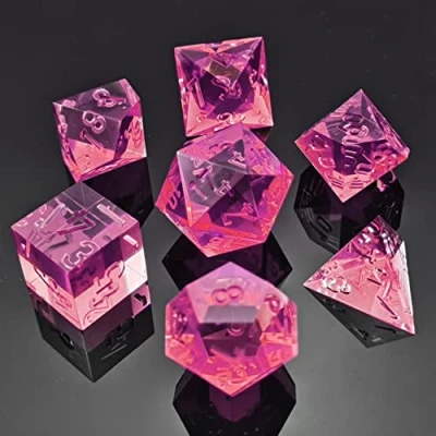 Image of Bescon Crystal Clear (Unpainted) Sharp Edge DND Dice Set of 7, Razor Edged Polyhedral D&amp;D for Dungeons and Dragons Role Playing Games, Fuchsia Color
