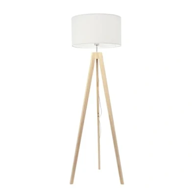 Image of Natural Wood Tripod Floor Lamp with White Fabric Drum Lampshade Living Room Hallway Light LED Bulb Included