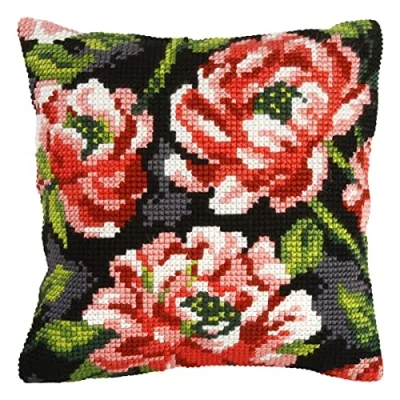 Image of Orchidea Large Cross Stitch Cushion Kit, Flowers on Black Background, 40 x 40cm