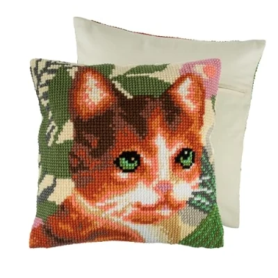 Image of Trimits Cross Stitch Cushion Kit, Back Included, Pre Printed Canvas, Yarn and Needle Included 40 x 40cm (15.75 15.75in), Cat