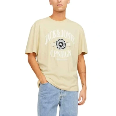 Image of JACK &amp; JONES Men&#039;s Jorlucca Branding Tee SS Crew Neck T Shirt, Italian Straw, M