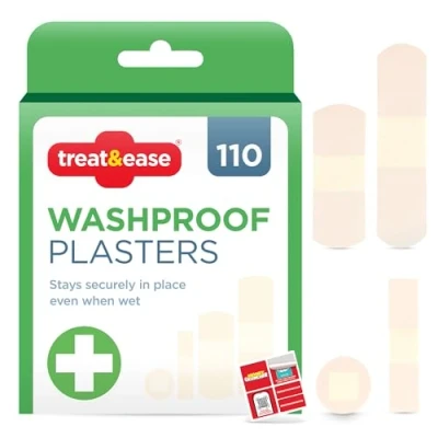 Image of 110pk Assorted Washproof Plasters Includes 60 Small Plasters, 20 Medium 10 Round and Large Breathable Waterproof with Protective Pads by Treat &amp; Ease