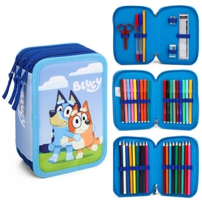 Image of Bluey 3 Tier Large Pencil Case Multi Compartment School Supplies Stationery Colouring Pens Pencils Sets