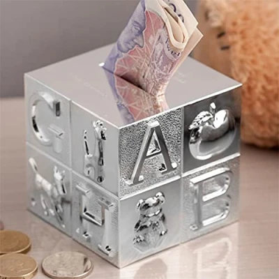 Image of The Gift Experience Personalised Silver Plated Cube ABC Money Box Engraved with Any Message