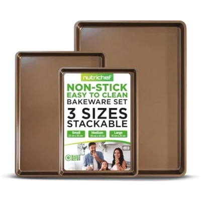 Image of NutriChef Nonstick Cookie Sheet Baking Pan 3pc Metal Oven Tray, Professional Quality Kitchen Cooking Non Stick Bake Trays Stylish Metallic Coating, PFOA, PFOS, PTFE Free
