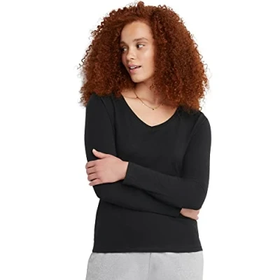 Image of Hanes Women&#039;s Originals Long Sleeve Cotton T Shirt, Lightweight V Neck Tee, Modern Fit, Ebony, S