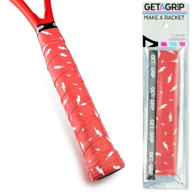 Image of GET A Grip Custom Tennis Racket Tape Anti Slip/Quick Drying Overgrips Precut Badminton with Finishing Squash Tapes (Charged Up (red), 1 Grip)