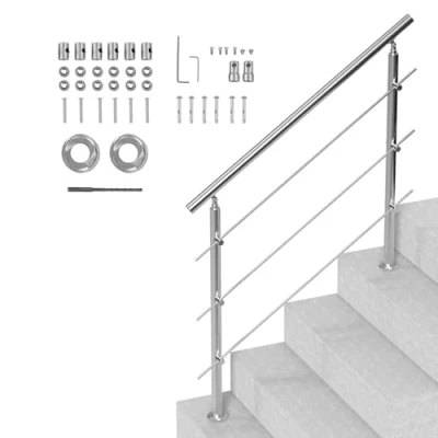 Image of VEVOR Handrails for Outdoor Steps, 47.2in Length 3 Crossbars Stair Hand Rail Kit, Transitional Stainless Steel Railings w/Installation Double Column Staircase Seniors,Porch &amp; Deck