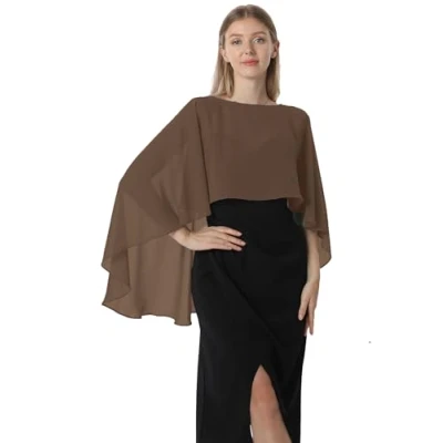 Image of Hotshawl Capelets for women Chiffon Cape Shawls and Wraps Evening Dress Wedding Capes Cover Up, Coffee, One Size