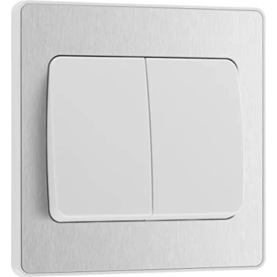 Image of BG Electrical Double Wall Light Switch, Wide Rocker, 2 Way, Screwless Front Plate, Round Edges, Evolve, Brushed Steel, 20A, 16AX, PCDBS42WW