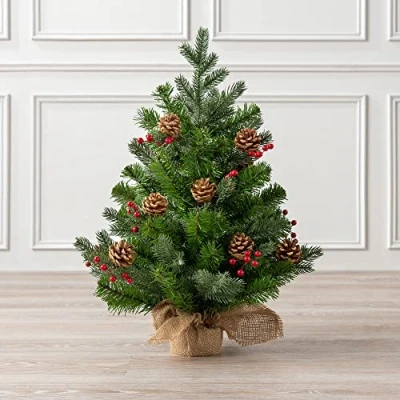 Image of CHRISTOW Artificial Mini Christmas Tree with Pine Cones &amp; Berries, 2ft / 60cm Flocked Miniature Tabletop Spruce, Small Indoor Xmas Decoration, Natural Looking PVC PE Needles, Hessian Wrapped Base