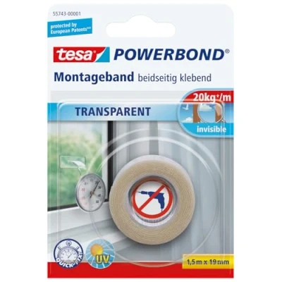 Image of Tesa Powerbond Double Sided Mounting Tape Transparent/Clear 1.5 m x 19 mm 55743 00000 02