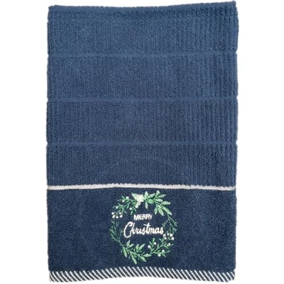 Image of Jansons Direct Linens Merry Christmas Wreath Design 100% Cotton Three Pack Kitchen Tea Towels in Navy Blue for the Festive Season