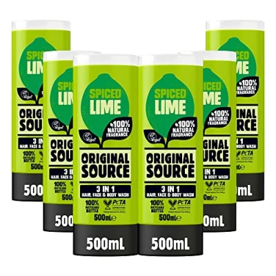 Image of Original Source Mens 3in1 Spiced Lime Shower Gel, 100 Percent Natural Fragrance, Vegan, Cruelty Free, Paraben Bulk Buy, Pack of 6 x 500 ml