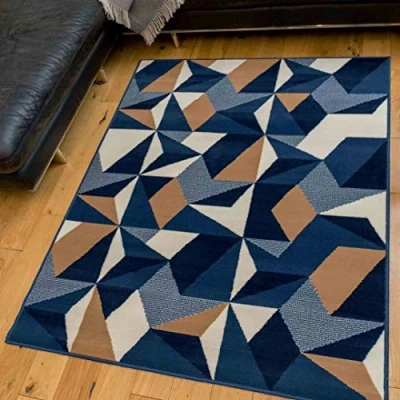 Image of Navy Blue Denim Geometric Rug Thick Cream Brown Kaleidoscope Living Room Lounge Bedroom Hallway Area Rugs 160cm x 230cm