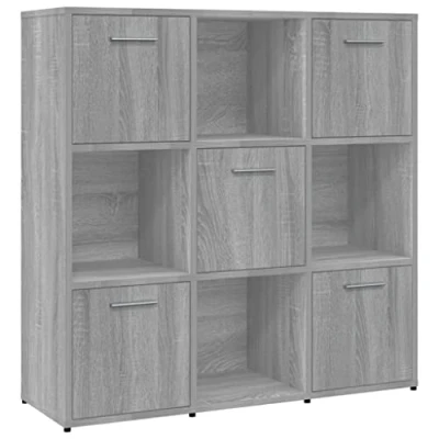 Image of vidaXL Grey Sonoma Book Cabinet in Engineered Wood Modern Freestanding Storage Unit with 9 Compartments for Living Room, Bedroom, or Office