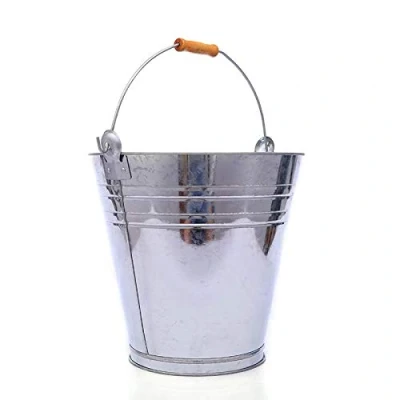 Image of Srendi® Galvanised Ash Tidy Bucket General Purpose Metal Cleaning Heavy Duty Strong with Wooden Handle Steel Coal Log Fire Water MADE IN U.K.
