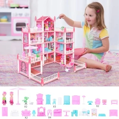 Image of EVERGD Doll House Playset with 6 Dolls 4 Story DIY Princess Dream Miniature Furniture Accessories Creative Role Play for Kids Educational Toy XMAS Gift