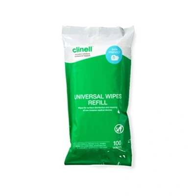 Image of Clinell Universal Cleaning and Disinfectant Wipes for Surfaces Pack of 100 Refill Multi Purpose Wipes, Kills 99.99% Germs, Quick Action