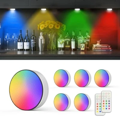 Image of Moman Under Cabinet Lights 6 Pack, 13 Changing Colors LED Puck with Remote Control, Dimmable Battery Operated Timer Stick on Light for Cupboard, Wardrobe, Party, Kitchen (T047 White)