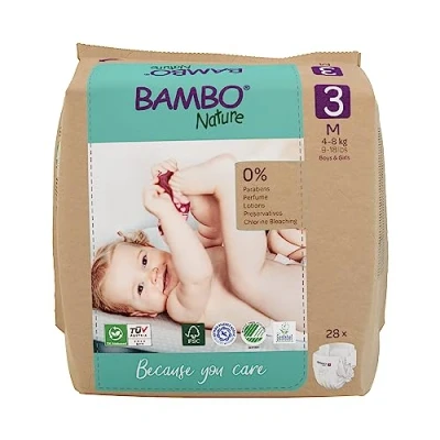 Image of Bambo Nature Premium Eco Nappies, Labelled Sustainable Enhanced Leakage Protection, Secure &amp; Comfortable Baby Size 3 Nappies (9 18lb/4 8kg), Midi, 28PK