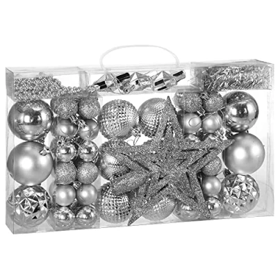 Image of Deuba® 66pc Christmas Tree Baubles Set Xmas Festive Decoration Ø6cm Ø3cm Hanging Star With Hangers Topper Tinsel Garland Indoor Outdoor Matt Shiny Glitter Elegant Silver