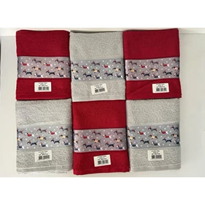 Image of Jansons Direct Linens 100% Cotton 6 Pack Colourful Dachshund Dogs Design Kitchen Hand Tea Towels in Silver Grey &amp; Red
