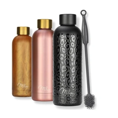 Image of Milu Stainless Steel Water Bottle 500ml 750ml 1L Vaccum Insulated Large Drink Flask Bottles Leakproof Keep Drinks Hot Cold for Bike Camping Sports Gym incl. cleaning brush (Black Leopard, 500ml)