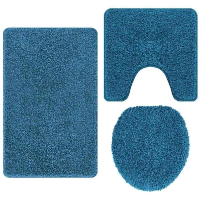 Image of vidaXL 3 Piece Bath Mat Set Blue Polypropylen Non Slip
