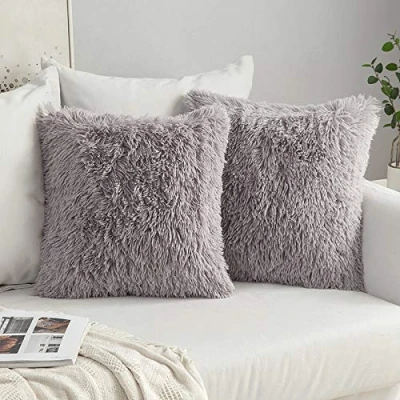 Image of MIULEE Faux Fur Cushion Covers Fluffy Throw Pillow Case Soft Decorative Square Cute Plush For Livingroom Sofa Bedroom 18 x Inch 45 cm Grey Pack of 2