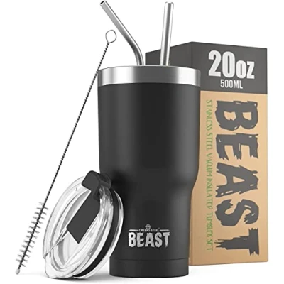 Image of Beast Tumbler 550 ml (20 oz), Matte Black Reusable Stainless Steel, Vacuum Insulated Cup with + 2 Straws &amp; Cleaning Brush Double Wall Travel Flask Perfect for Hot or Iced Coffee BPA Free