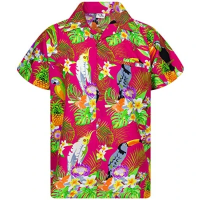 Image of King Kameha Mens Vintage Hawaiian Shirt Casual Short Sleeve Button Down Bird Designs, Parrot Cockatoo, Pink, XL