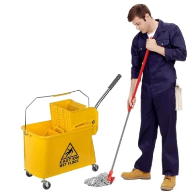 Image of Curvaso 20L Yellow Kentucky Mop Bucket and Wringer System with Wheels Carrying Handle Floor Cleaning for School Office Restaurant Shop Commercial Use