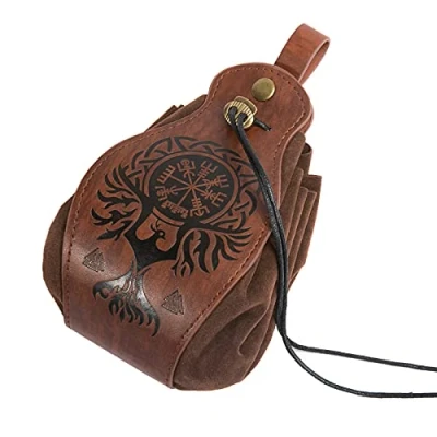 Image of HiiFeuer Medeival Faux Leather Pouch, Portable Drawstring Purse, Vintage Belt Pouch Dice Bag for LARP Ren Faire (Phoenix Brown)