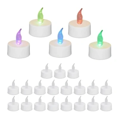 Image of Relaxdays LED, Set of 24, Colour Changing Candles, HxD: 4.5 x 3.5 cm, Electric, Flameless Tea Lights, White