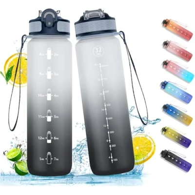 Image of NAVTUE 1L Water Bottle with Straw, Sports Drinks Time Markings, Leak Proof, Tritan BPA free for School/Cycling/Running (BlackGray)