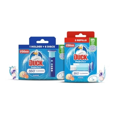 Image of Duck Fresh Discs Toilet Cleaner Starter Kit &amp; Refill Twin Pack, Fights Stains That Harbour Germs, Prevents Limescale Build Up, Marine Fragrance (Contains 1 x Holder + 3 Tubes)