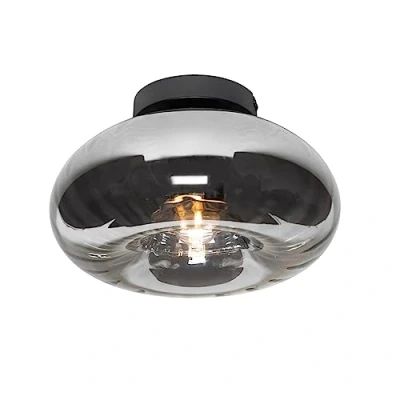 Image of Qazqa Art Deco Ceiling Lamp I Flush Light Black with Smoke Glass Ayesha Suitable for LED E27 1 Living Room Kitchen Be
