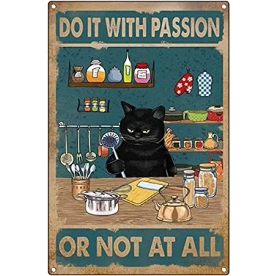 Image of Graman Cat with Passion in the Kitchen Poster Vintage Metal Signs Home Decorative Plates Bar Rules Wall Plaques 8X12inch