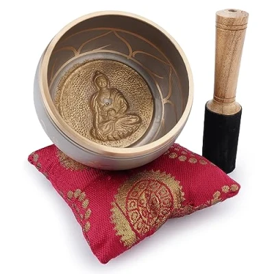 Image of Ajuny Tibetan Singing Bowl Set Handcrafted Meditation Brass Sound with Stick and Cushion for Yoga, Chakra Healing, Mindfulness Stress Relief Spiritual Gifts Beige