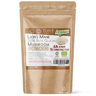 Image of Lions Mane Organic Ultra Strength 50% Beta 1,3/1,6 D Glucan (Hericium Erinaceus ‎) Zero Additives (100g Powder Pouch)