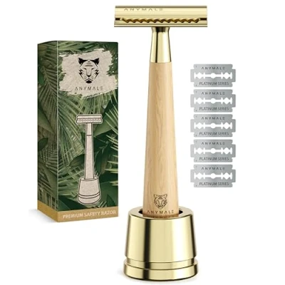 Image of ANYMALE® Safety Razor Maple Wood Gold Women&#039;s Set with 5 Astra Blades and Stand Plastic Free
