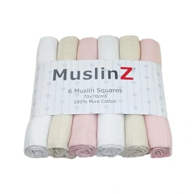 Image of MuslinZ 6 pack Muslin Squares Baby Burp Cloths 70x70cms Perfect for Newborns, multi use, Oeko Tex standard 100, UK brand. (Pale Pink Combo, Pack)