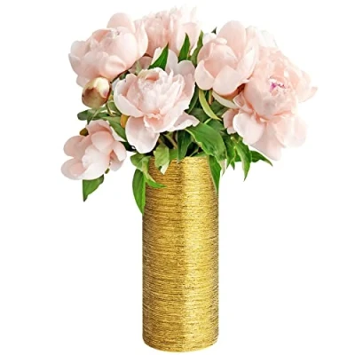 Image of BELLE VOUS Gold Etched Ceramic Flower and Plant Vase 9.4 x 29.5cm/3.7 11.61 inches Decorative Centrepiece For Home, Table, Wedding, Christmas Office Decor Friends Family