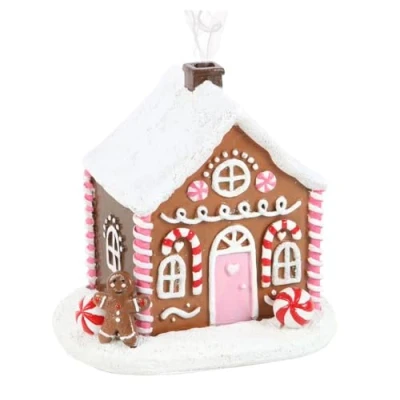 Image of Pink Gingerbread House Incense Cone Burner Festive Holiday Decor, Handcrafted Ceramic, Ideal for Aromatherapy, 6 Inch
