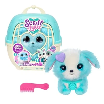 Image of ScruffaLuvs Pet Scruffs Blue Mystery Plush Toy, 7.5&quot; Tall Wash to Reveal 1 of 3 Rescue Pets: Puppy, Bunny, or Kitty Includes 8.7&quot; Deluxe Carrier