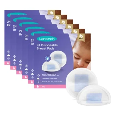 Image of Lansinoh Disposable Breast Pads Pack of 144 for nursing breastfeeding mothers, essential hospital bag, thin super absorbent layers, discreet fit